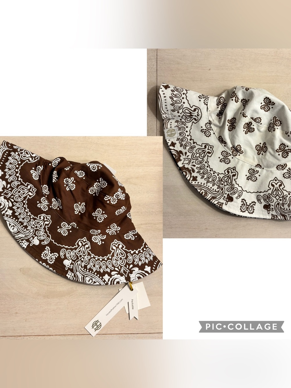House of Harlow 1960 Reversible Brown White Bandana Paisley Print Bucket Hat